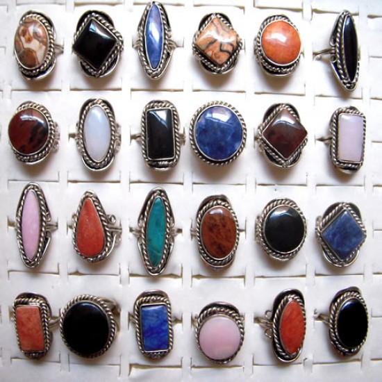 06 Beautiful Peruvian Stone Rings, Assorted Stone Color & Adjustable Design