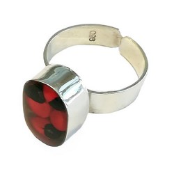 06 Nice Silver Plated Huayruro Seeds Rings, Assorted Design