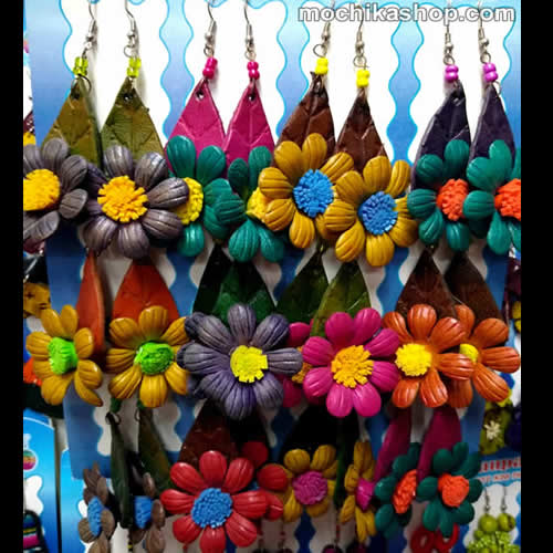 06 Pretty Peruvian Leather Earrings Drop Flower Design