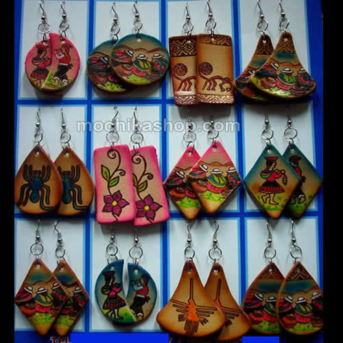 12 Peruvian Wholesale Leather Earrings Hand Painted Images