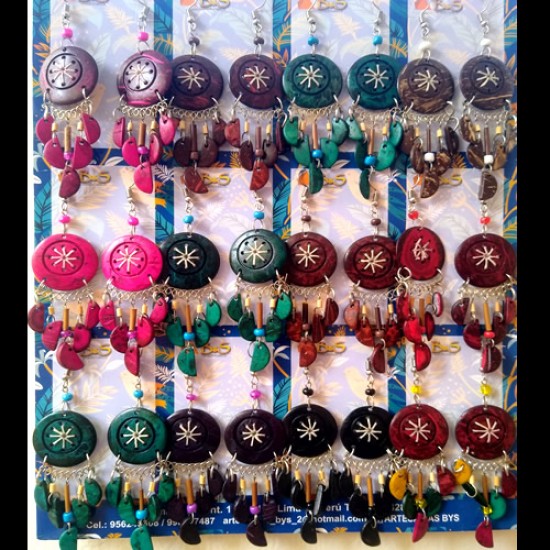 12 Pretty Peruvian Coconut Earrings ,Tribal Design