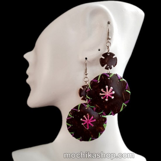12 Peruvian Coconut Shell Earrings Round Design