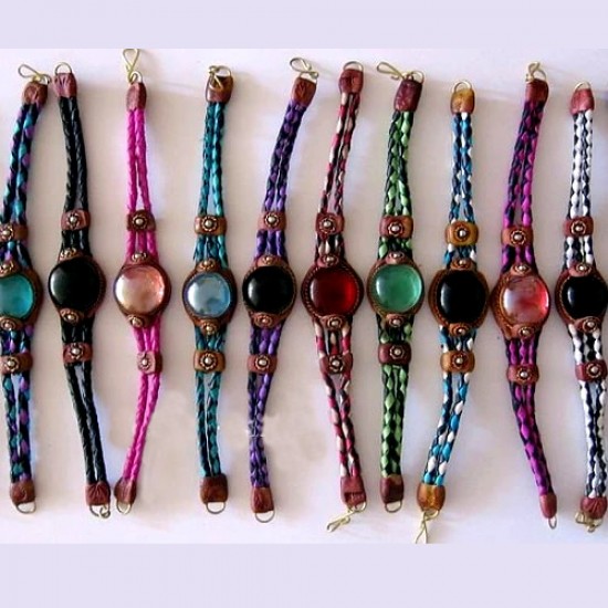 06 Beatiful Gem Glass Bracelets Handmade with Leather, Assorted Design