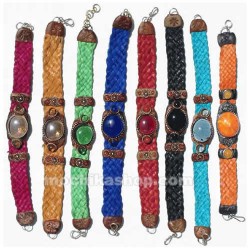 06 Pretty Gem Glass Bracelets Handmade Thick Braided Leather