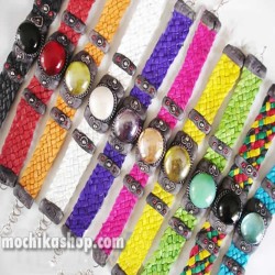 06 Pretty Gem Glass Bracelets Handmade Thick Braided Leather
