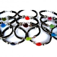 06 Wholesale Bracelets Handmade of Cat's Eye Stone & Black Rubber