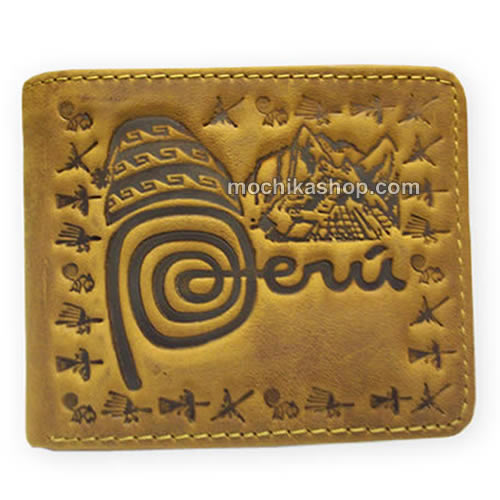 01 Beautiful Handmade Leather Wallet, LOGO "PERU" Carved Image