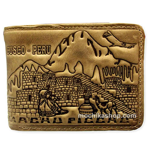 Amazing Peruvian Wallet Handmade Leather MACHU PICCHU Carved Image